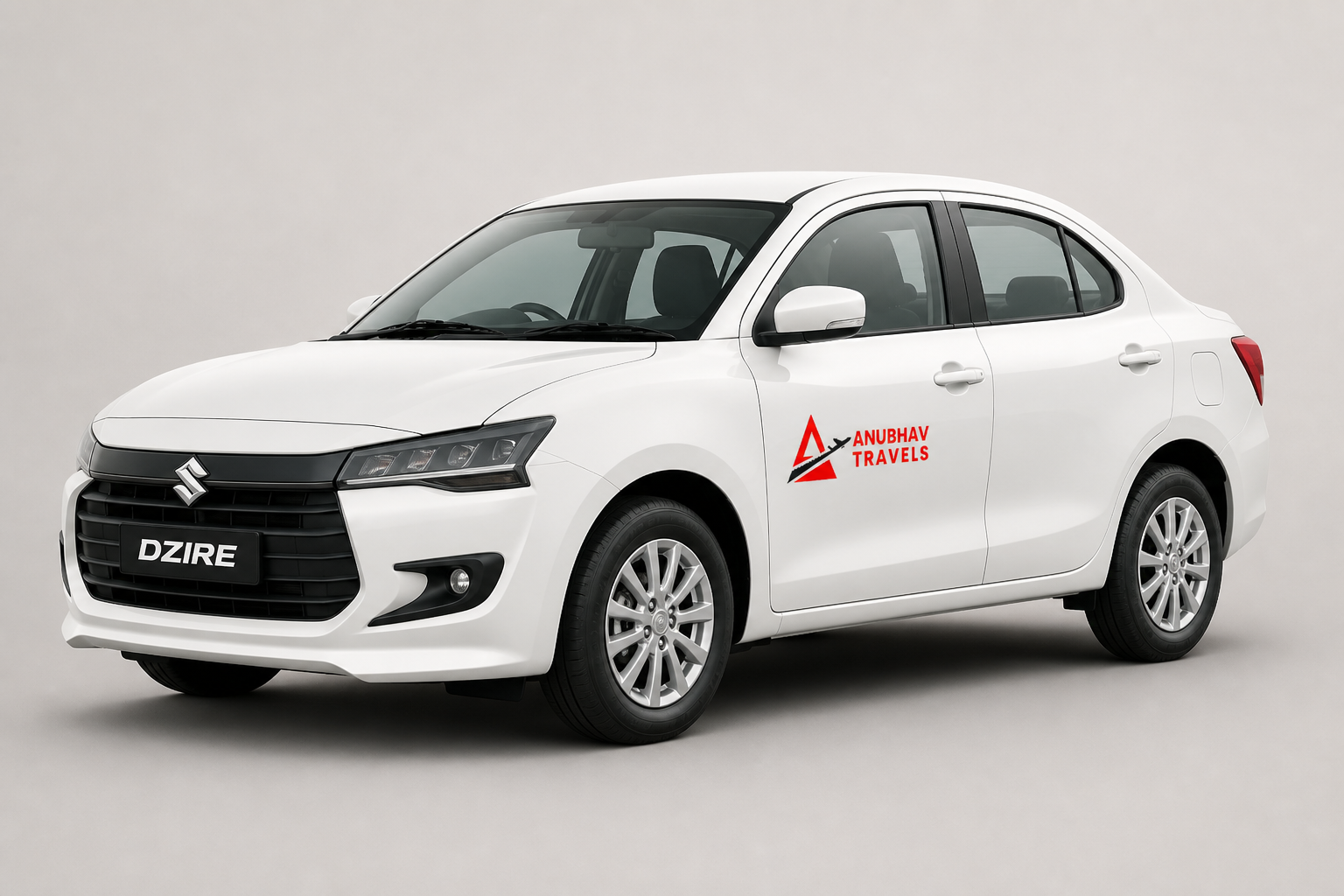 White Maruti Suzuki Dzire with Anubhav Travels branding