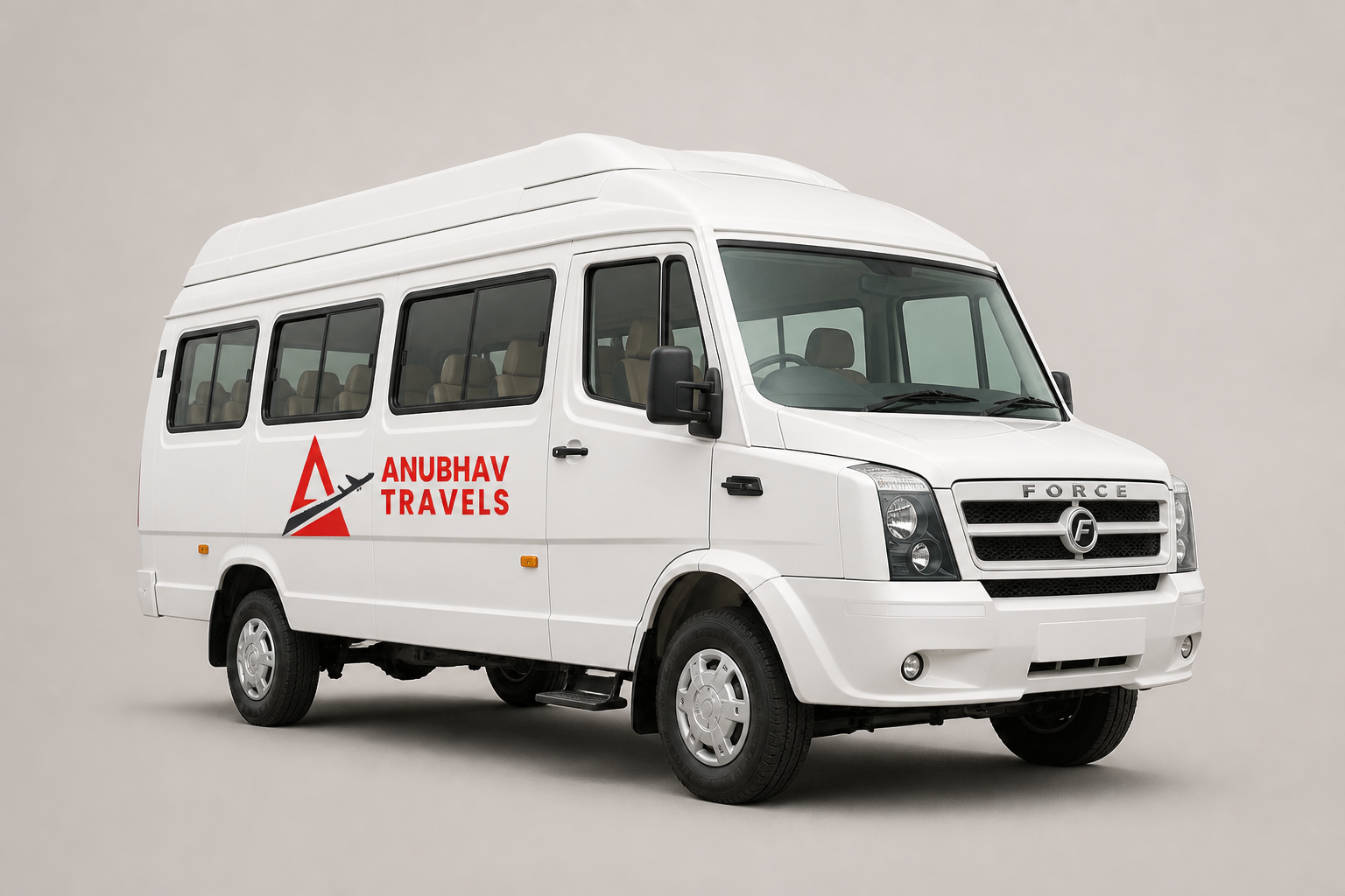 White 12 or 17 seater Tempo Traveller with Anubhav Travels branding