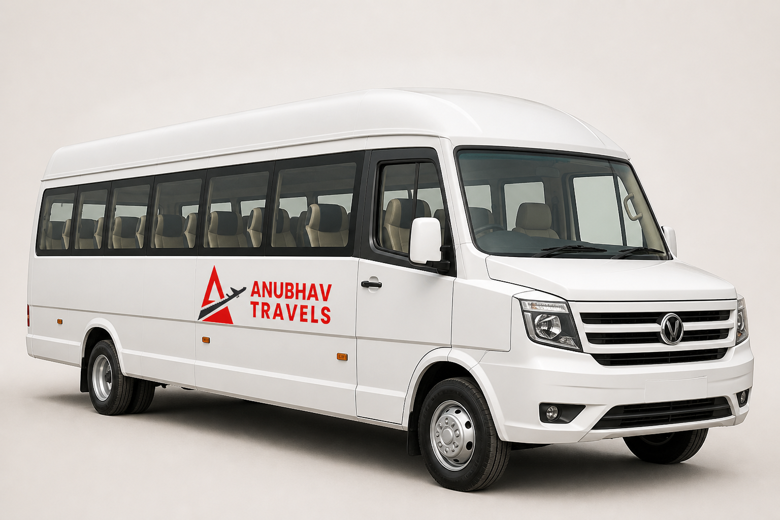 White 25 seater tourist Traveller with Anubhav Travels branding