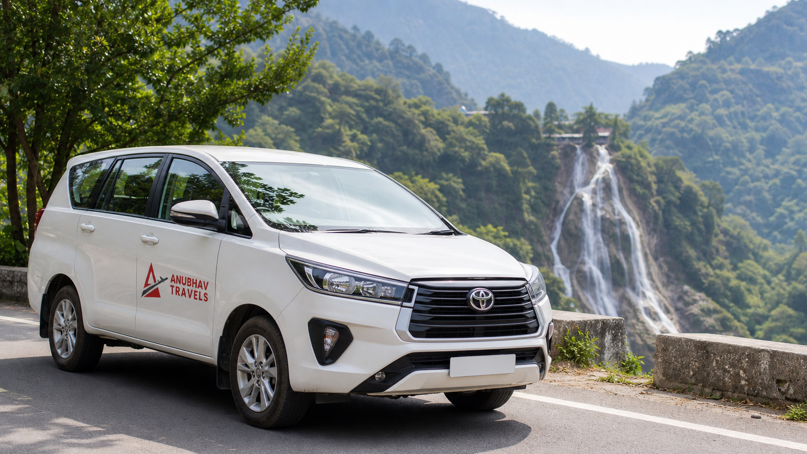 Anubhav Travels branded sightseeing vehicle near a Mussoorie waterfall